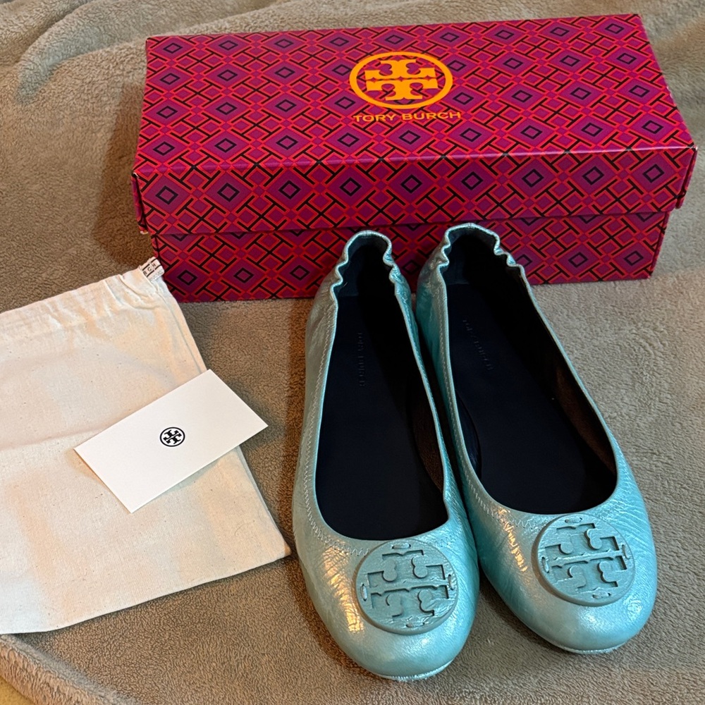 Tory Burch Aqua Flats with Logo Detail
